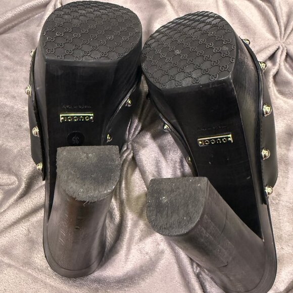 GUCCI BLACK LEATHER CLOGS ROUND HEEL WITH SILVER HARDWARE - Picture 12 of 12